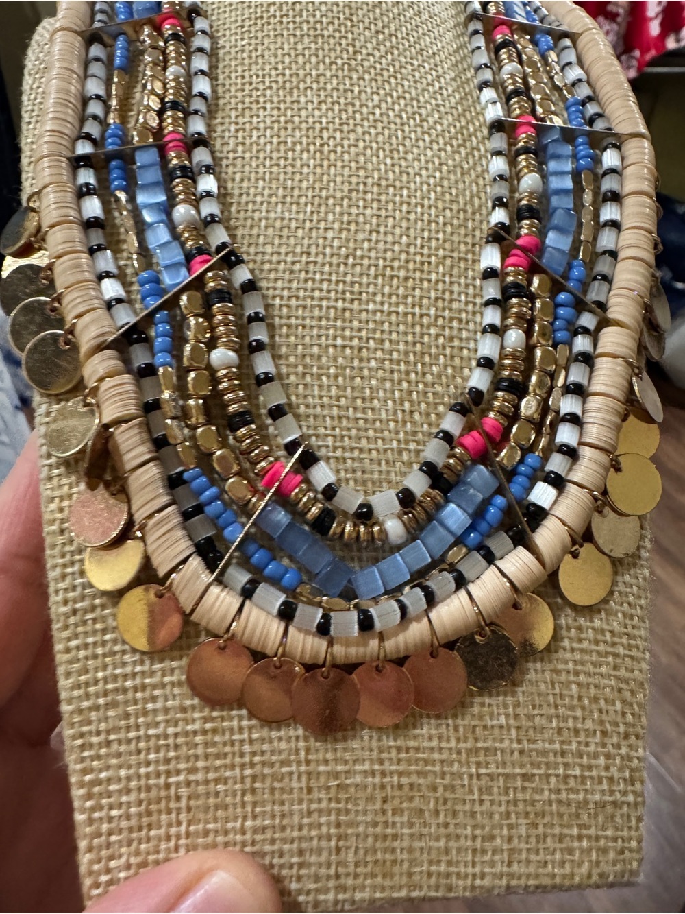 ALDO Beaded Multi-Row Statement Necklace in Blue, Pink & Gold